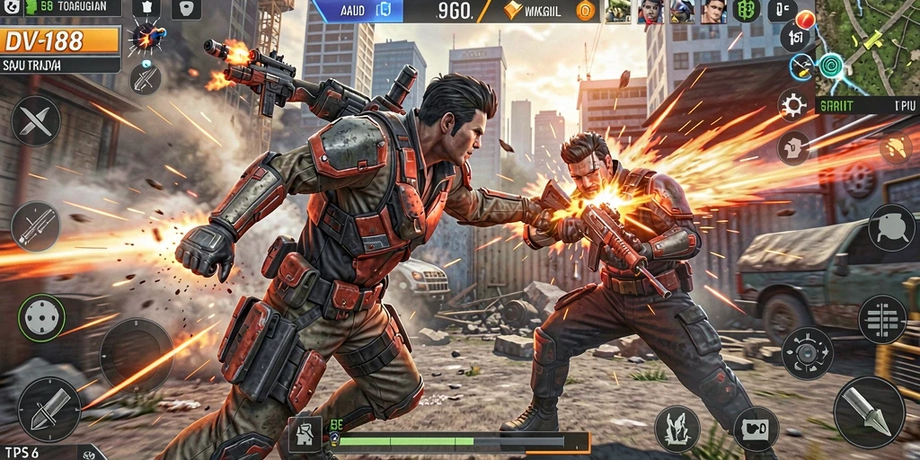 Screenshot gameplay DV188 yang menunjukkan aksi tembak-menembak seru.