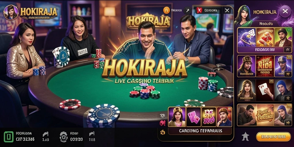 Tampilan utama HOKIRAJA dengan dealer langsung dan permainan menarik.