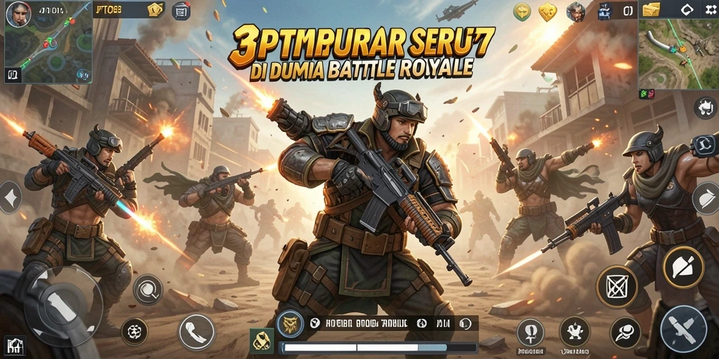 Menampilkan aksi pertempuran seru di arena Battle Royale.