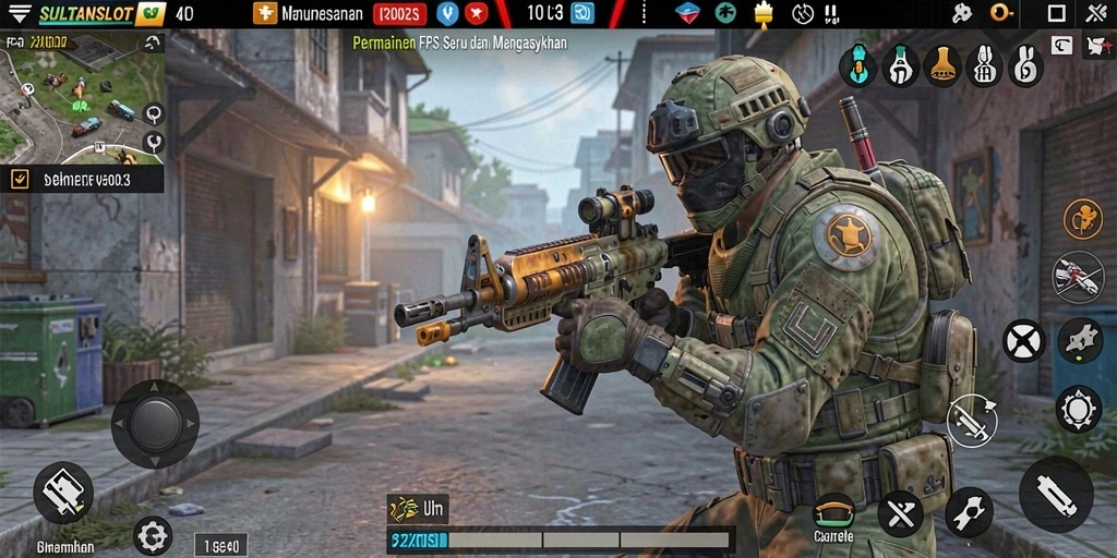 Tampak gameplay SULTANSLOT dengan aksi pertempuran FPS yang mendebarkan.