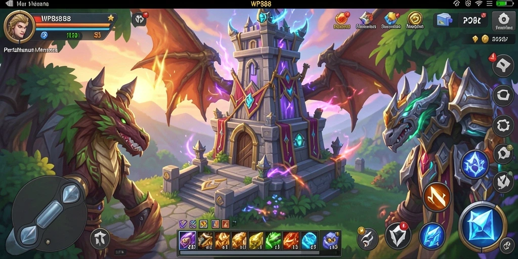 Tampilan gameplay WP888 yang menarik dengan menara dan musuh dinamis.